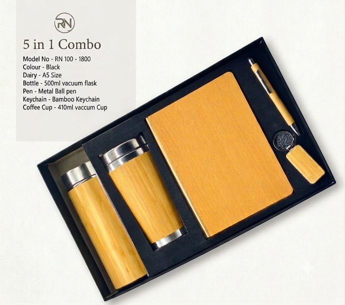 Personalised 5-in-1 Bamboo Corporate Gift Set – Notebook, Bottle, Tumbler, Pen & Keychain