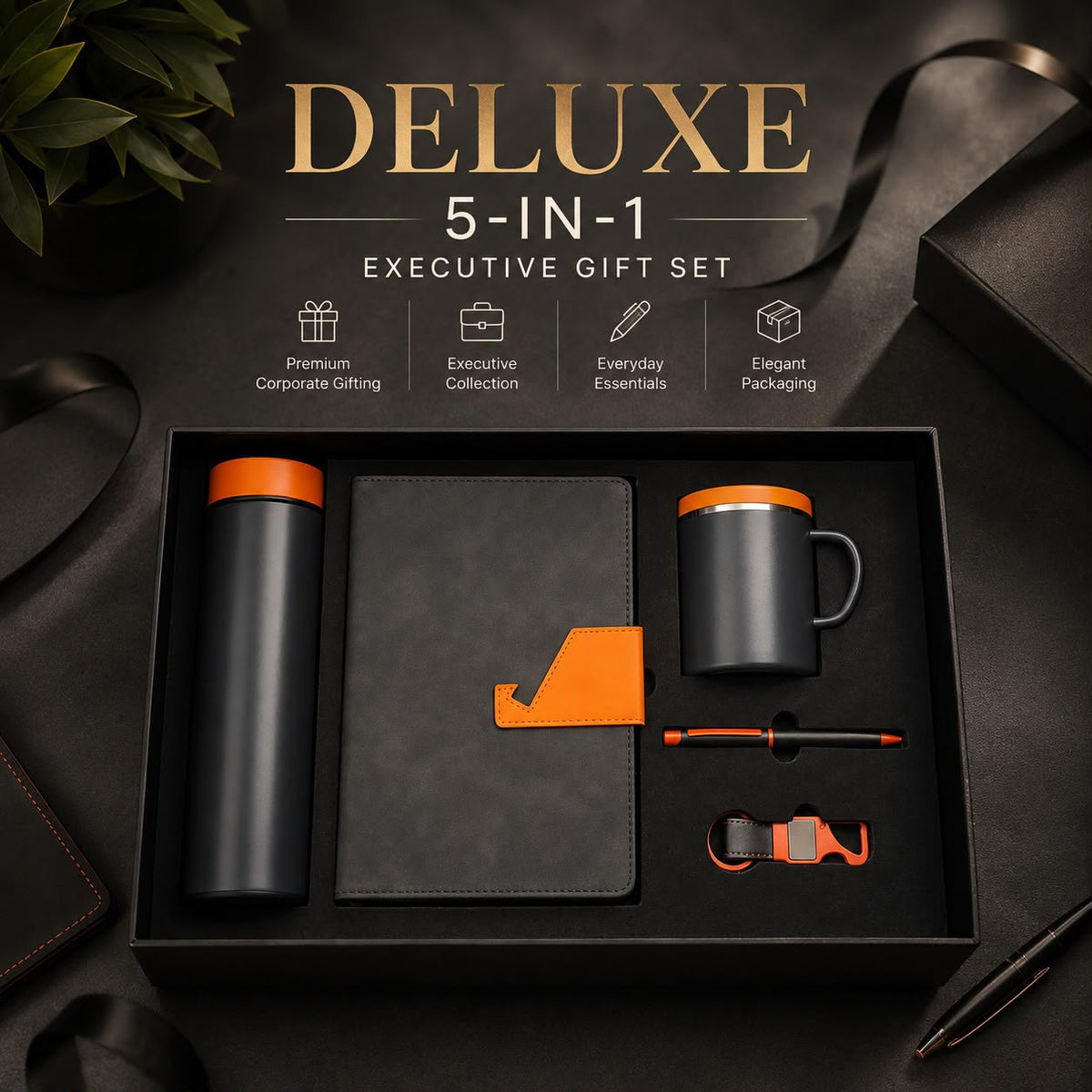 Customized Corporate Deluxe 5-Piece Gift Set | Insulated Flask, Mug, Diary, Pen & Keychain