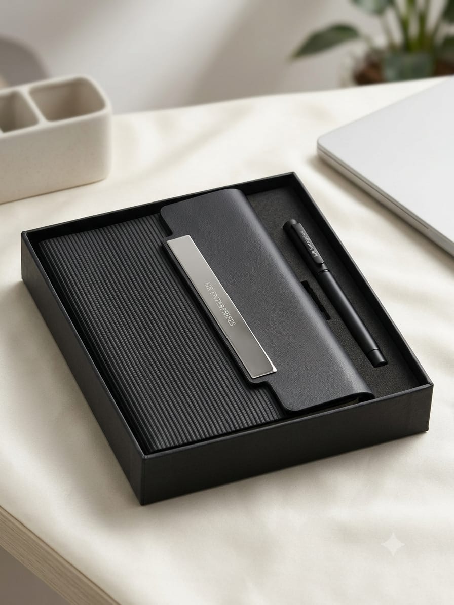 Personalised Executive Gift Set with Premium Notebook, Pen & Custom Metal Name Plate