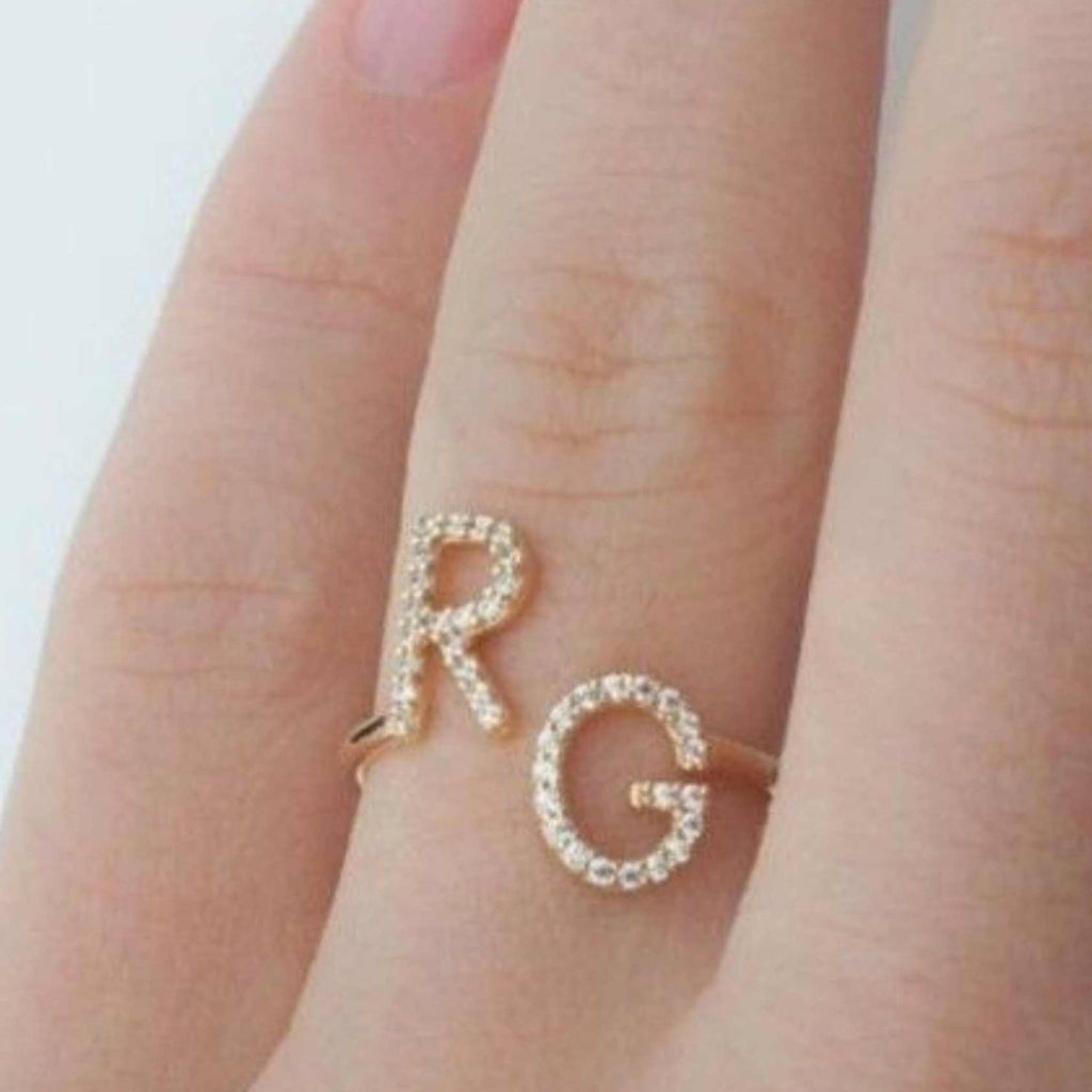 Couple Initial Customised Ring – Diamond Studs | Premium Quality Handcrafted | 22 Carat Gold & 925 Silver Plated