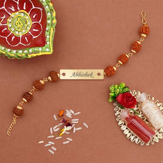 Personalized Rudraksha Rakhi with Name Plate – Gold Plated Design