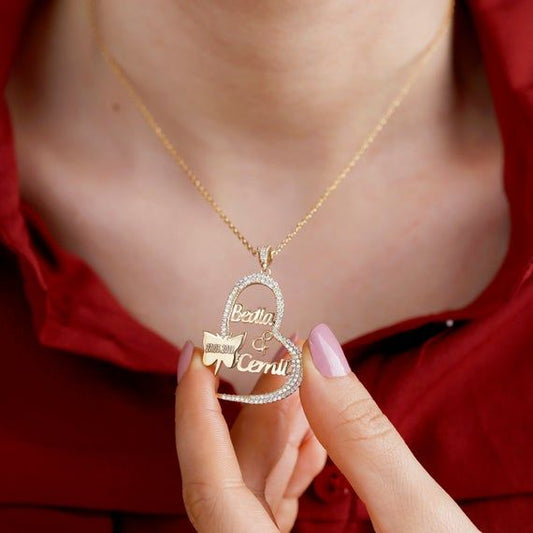 Premium Heart Name Necklace with Diamond Studs – Customised Couples Names & Special Date