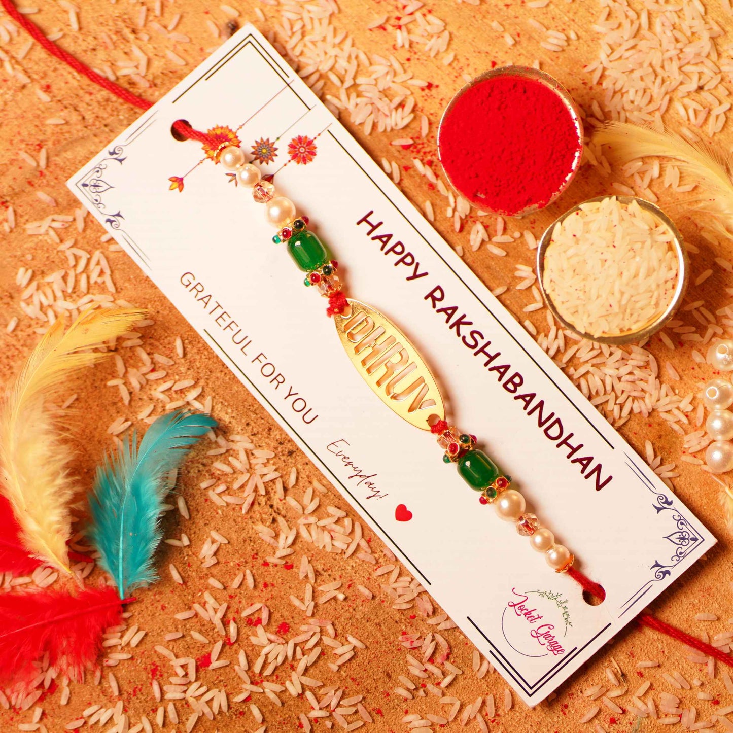 Personalised Oval Shape Unique Designer Name Rakhi with Fancy Beads