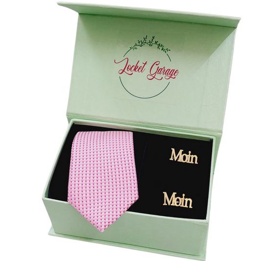 Boxed Combo Bright Pink Checkered Tie with Personalised Cufflinks