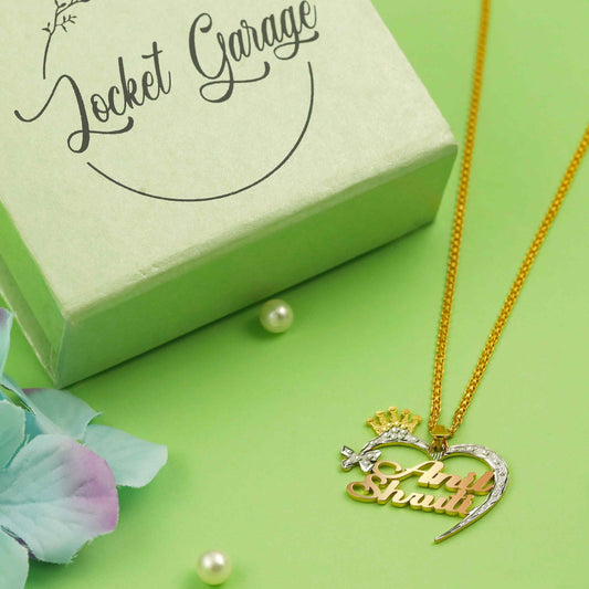 Two Tone Butterfly Crown Heart Couple Name Necklace