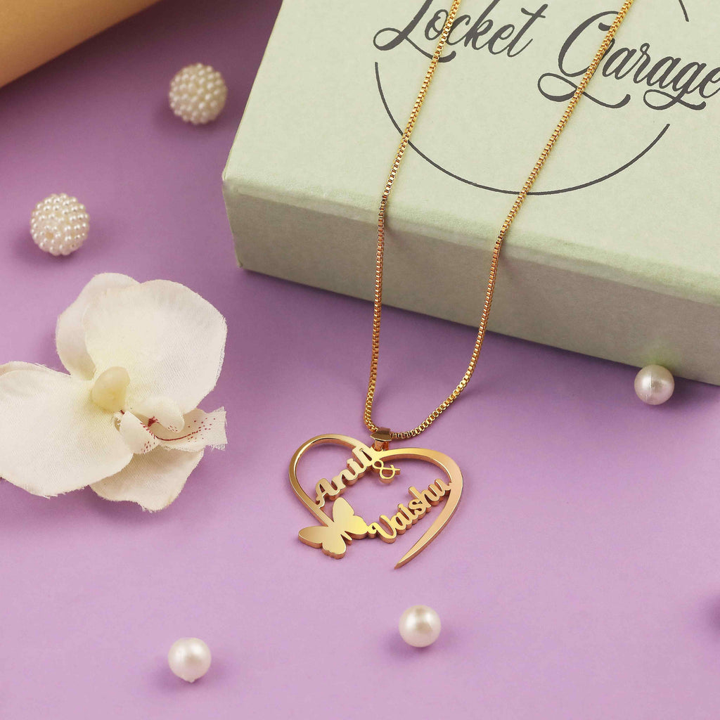 Open Heart Butterfly Couple Name Necklace - Main Image