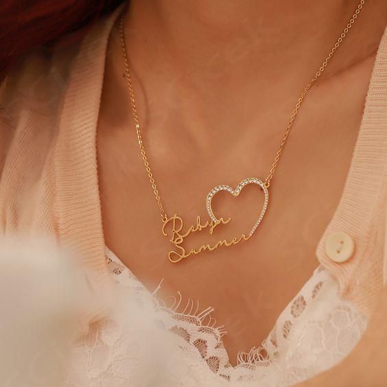 Signature Couples Name Necklace – Custom Engraved with Diamond Studs | Premium Quality
