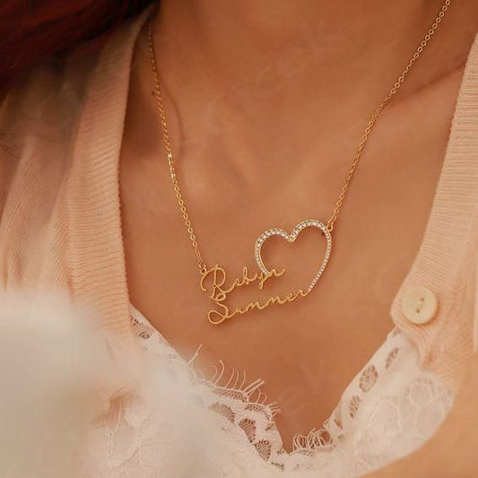 Signature Couples Name Necklace – Custom Engraved with Diamond Studs | Premium Quality