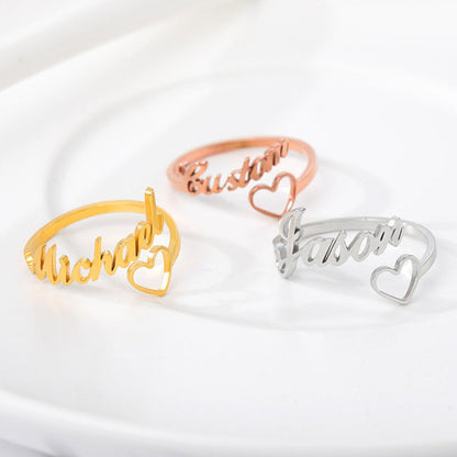 Gold Plated Heart Heart Design Custom Name Ring for Women