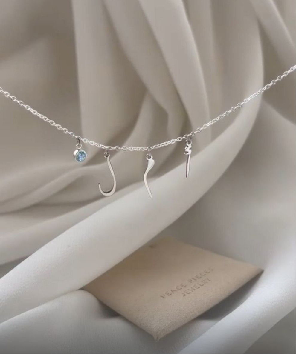 Personalized Arabic Letter Necklace – Diamond Drop | 22K Gold & 925 Silver Plated ( Hanging diamond charm (color and shape may vary)