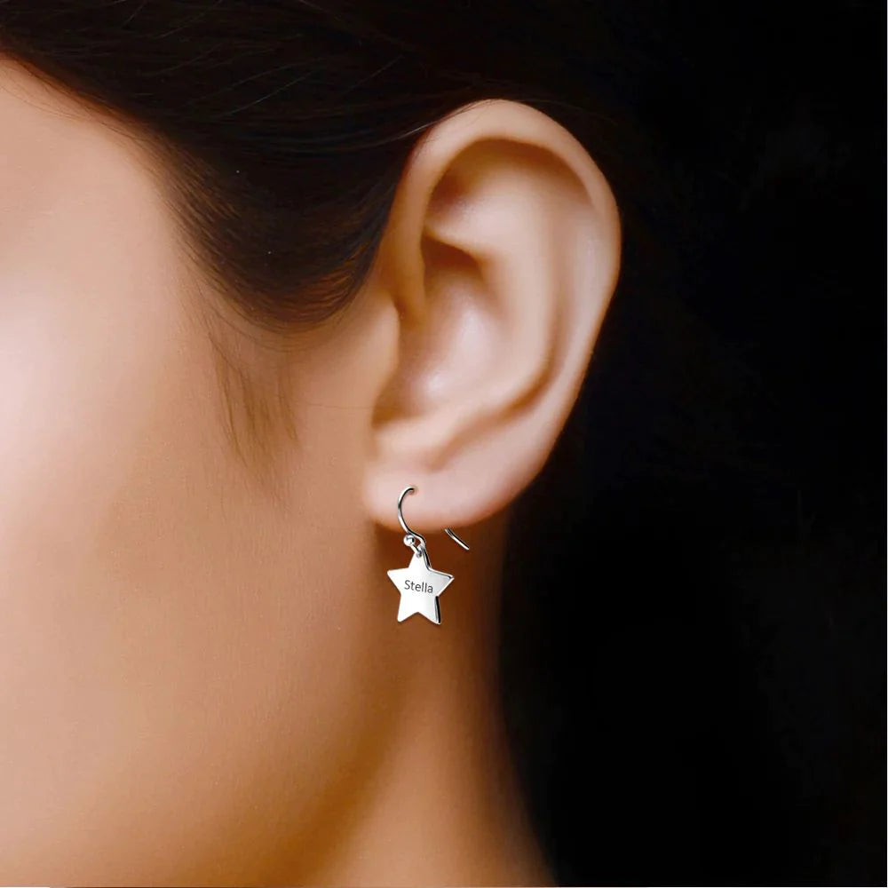 Dangling Star Shaped Earrings with Name Engraved