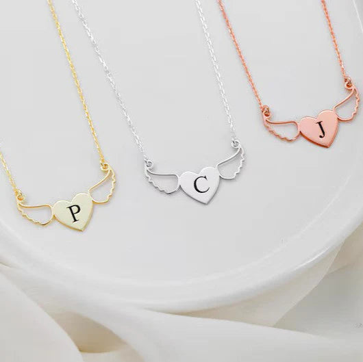 Personalized Initial Heart Necklace with Angel Wings