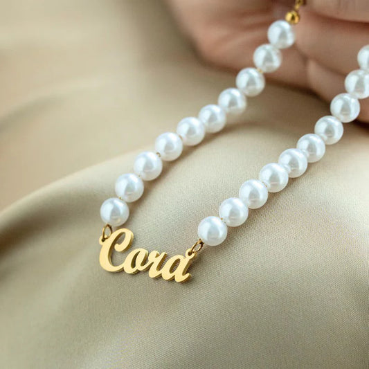 Personalized Perfection: 22K Gold & Pearl Name Necklace