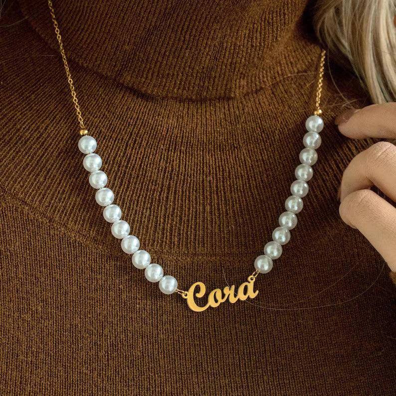 Personalized Perfection: 22K Gold & Pearl Name Necklace