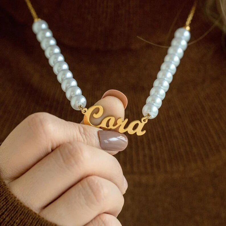 Personalized Perfection: 22K Gold & Pearl Name Necklace