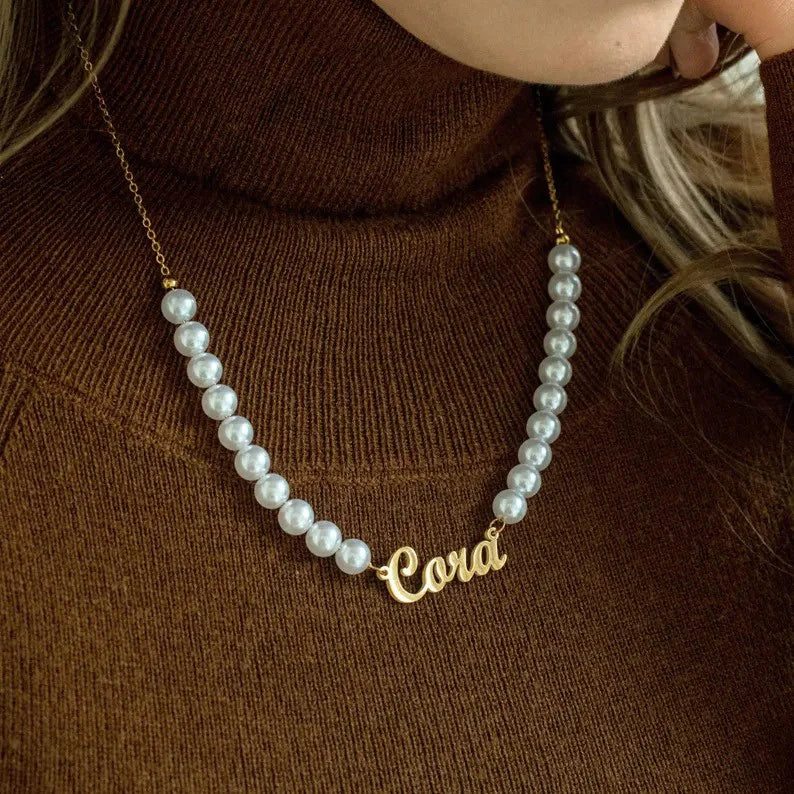 Personalized Perfection: 22K Gold & Pearl Name Necklace