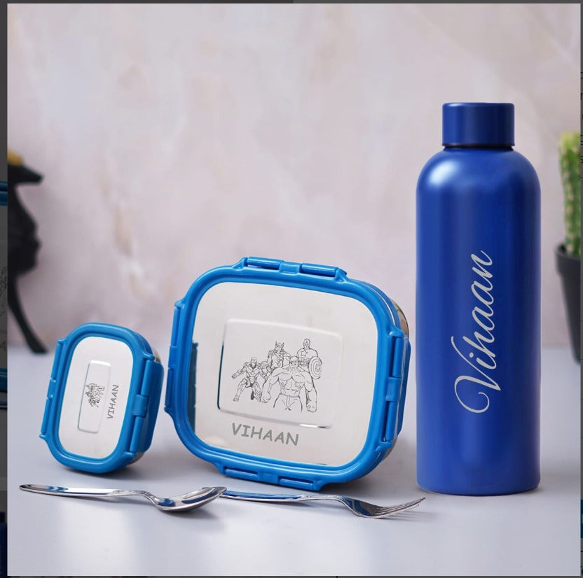 : Personalized School Lunch Combo | Leakproof Stainless Steel Tiffin Box, Mini Container, Water Bottle, Spoon & Fork