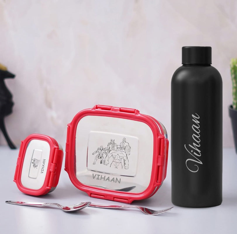 : Personalized School Lunch Combo | Leakproof Stainless Steel Tiffin Box, Mini Container, Water Bottle, Spoon & Fork