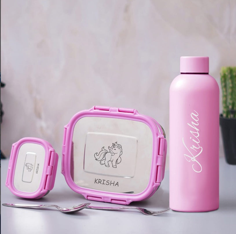 : Personalized School Lunch Combo | Leakproof Stainless Steel Tiffin Box, Mini Container, Water Bottle, Spoon & Fork