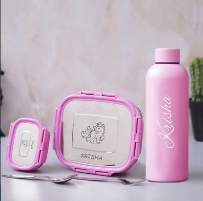 : Personalized School Lunch Combo | Leakproof Stainless Steel Tiffin Box, Mini Container, Water Bottle, Spoon & Fork