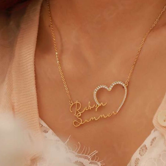 Diamond Studded Heart Couple Name Necklace – Exclusive at Locket Garage | 22 Carat Gold Plated & 925 Silver Plated | Making Time: 12 Days