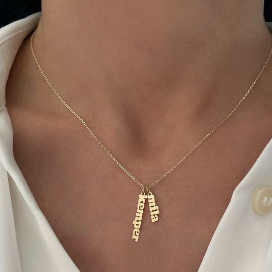Personalised Two Hanging Names Necklace – 22 Carat Gold Plated & 925 Silver Plated