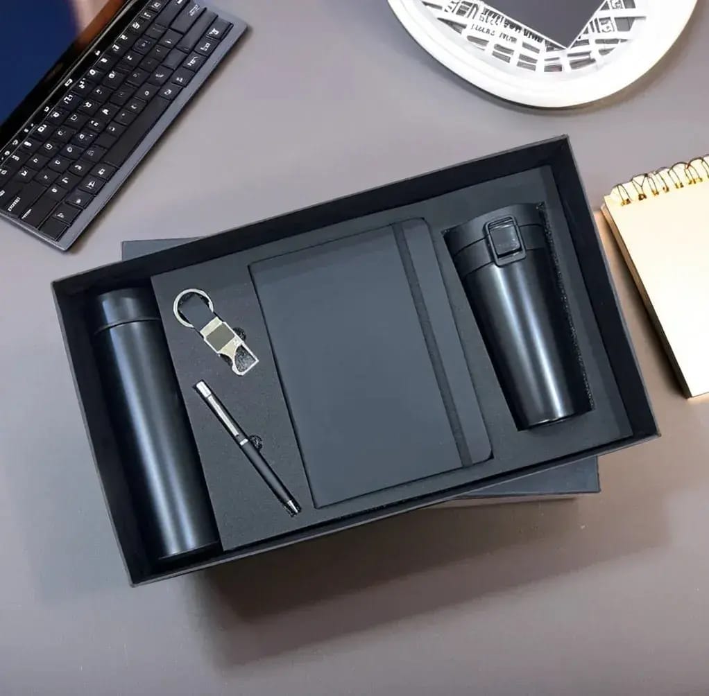 Premium Executive Gift Set – Notebook, Stainless Steel Bottle, Travel Mug, Pen & Keychain (5-Piece Office Gift Box)