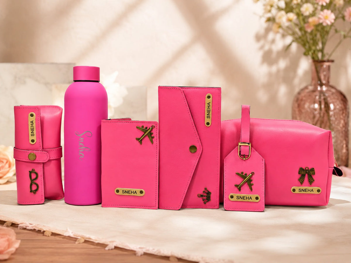 Customized 6-Piece Leatherette Combo Box | Water Bottle, Pouch, Passport Cover, Wallet, Eyewear Case & Luggage Tag