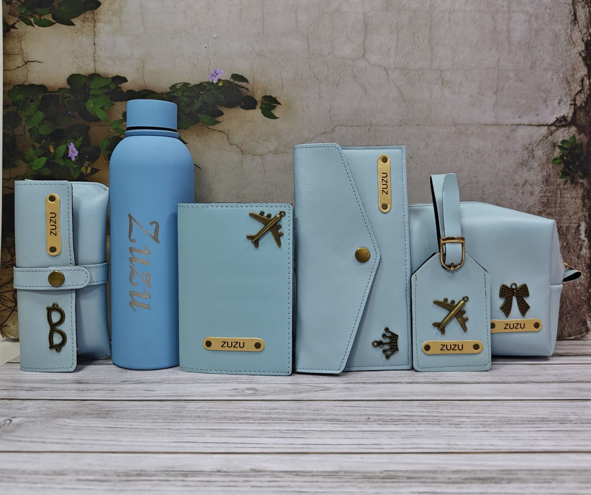 Customized 6-Piece Leatherette Combo Box | Water Bottle, Pouch, Passport Cover, Wallet, Eyewear Case & Luggage Tag