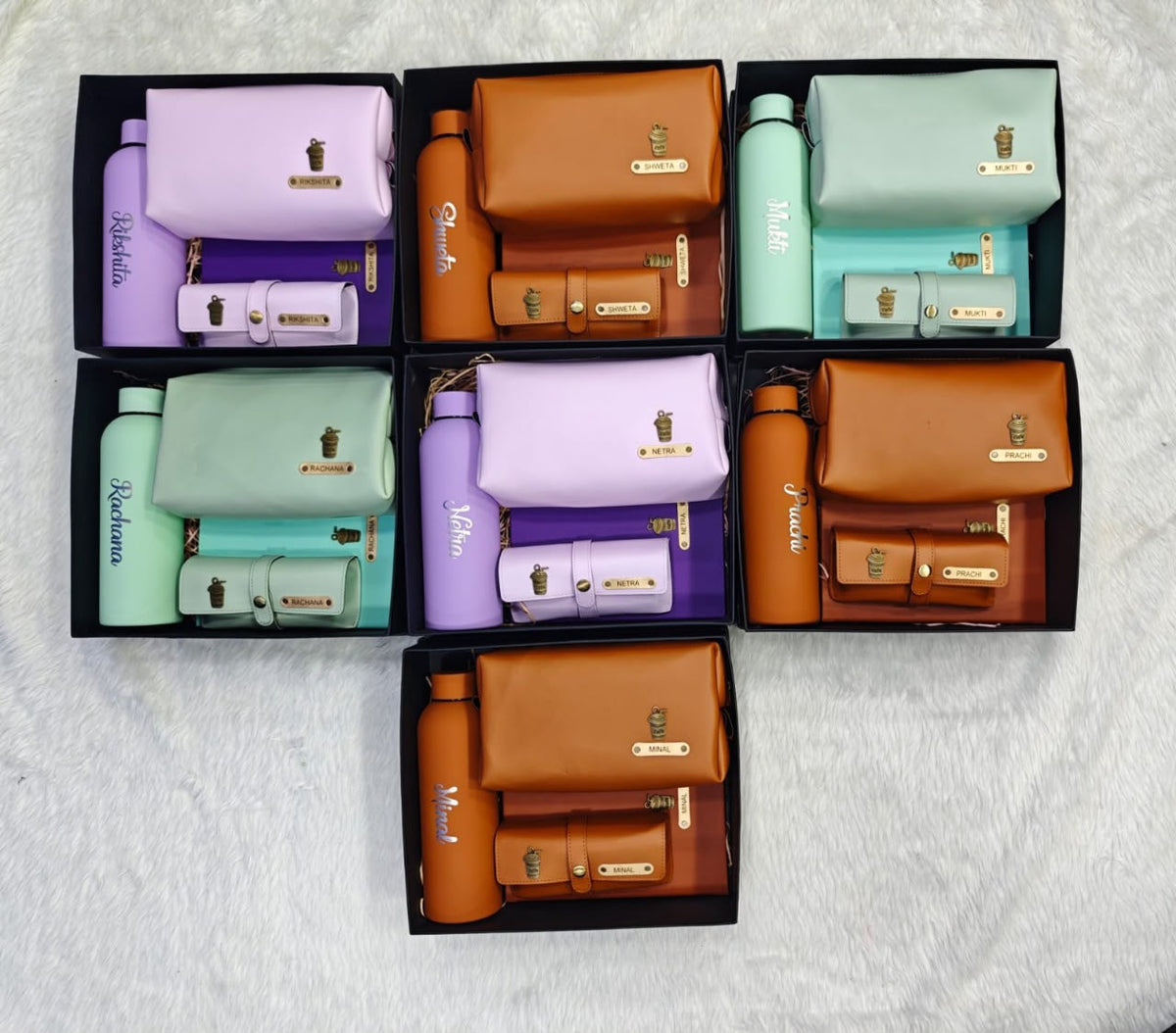 Personalized 4-in-1 Leatherette Gift Combo | Custom Name & Logo Bottle, Pouch, Diary & Eyewear Case