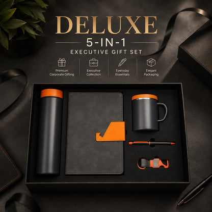 Customized Corporate Deluxe 5-Piece Gift Set | Insulated Flask, Mug, Diary, Pen & Keychain
