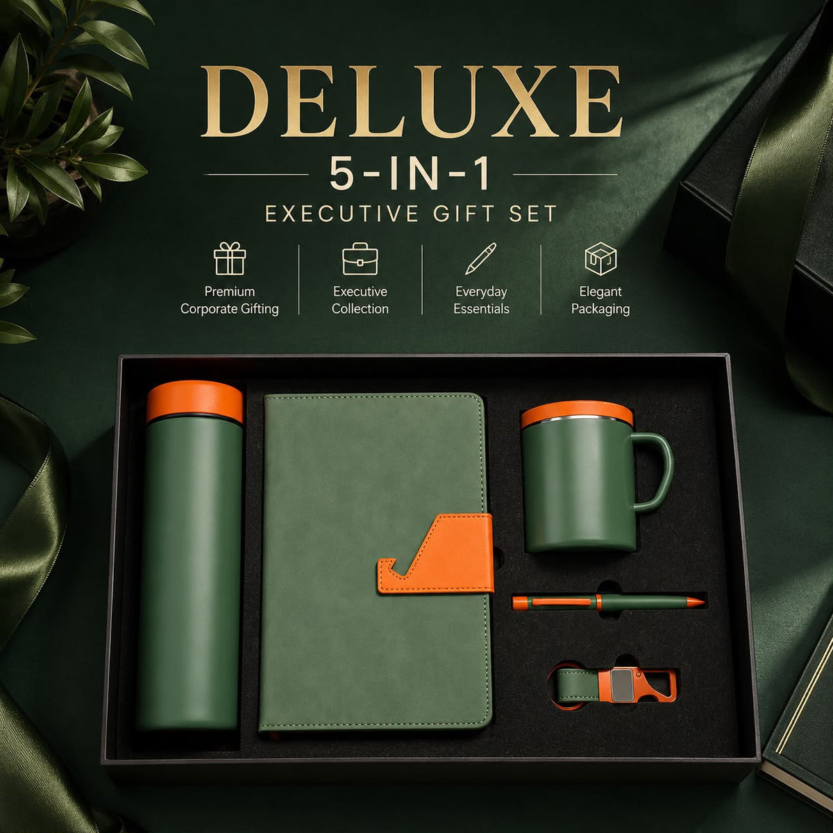 Customized Corporate Deluxe 5-Piece Gift Set | Insulated Flask, Mug, Diary, Pen & Keychain