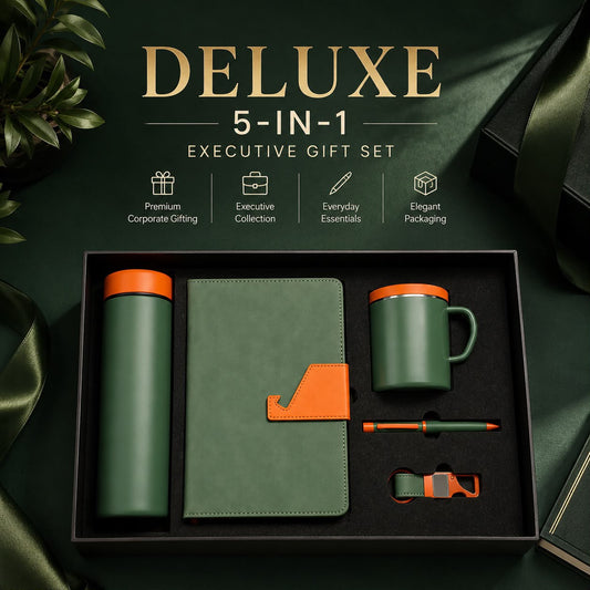 Customized Corporate Deluxe 5-Piece Gift Set | Insulated Flask, Mug, Diary, Pen & Keychain