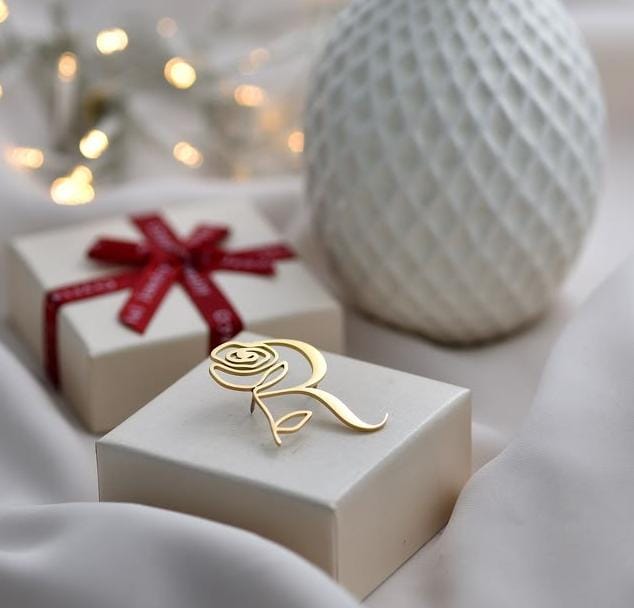 Customised Single Letter Rose Cutting Brooch – 22 Carat Gold Plated & 925 Silver Plated