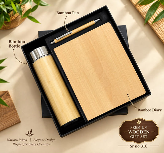 Customised Premium Wooden Gift Set – Bamboo Bottle, Pen & Diary | Personalised Corporate Gift Set