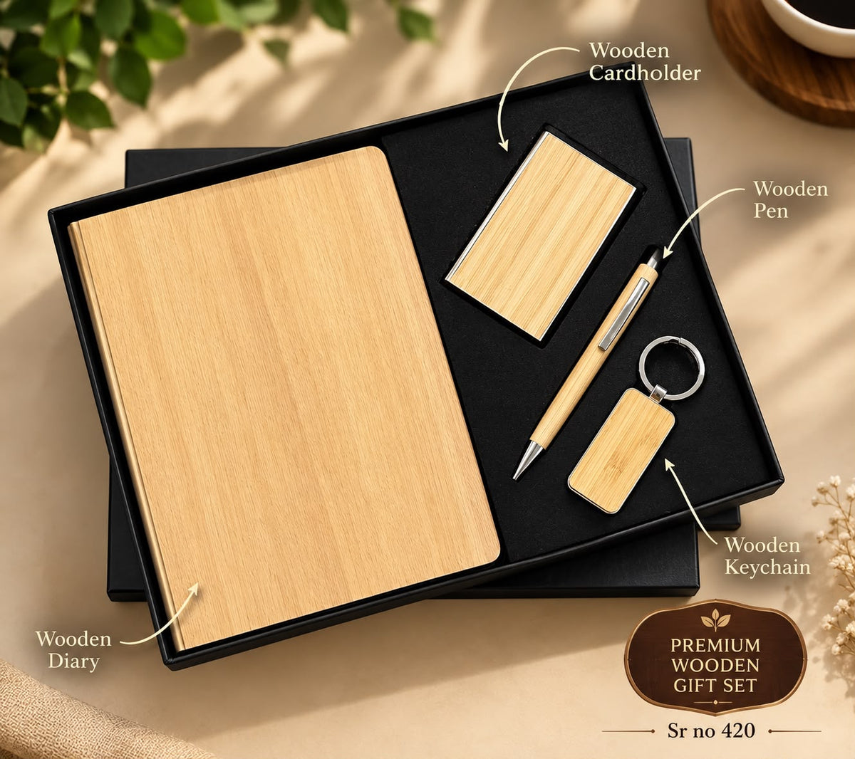 🪵 Premium Eco-Friendly Wooden Gift Set Combo (Diary, Pen, Cardholder & Keychain)