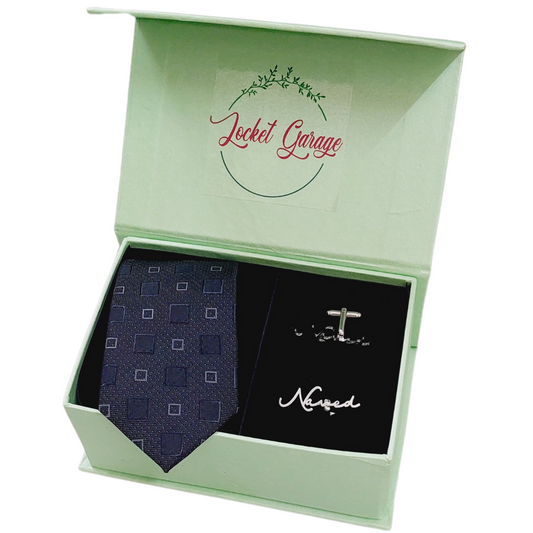 Printed Drak Grey Tie with Personalised Cufflinks Gift Set