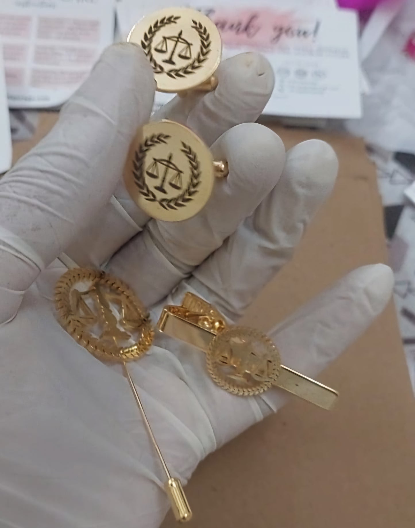 22K Gold-Plated Justice Emblem Combo – Tie Pin, Cufflinks & Brooch