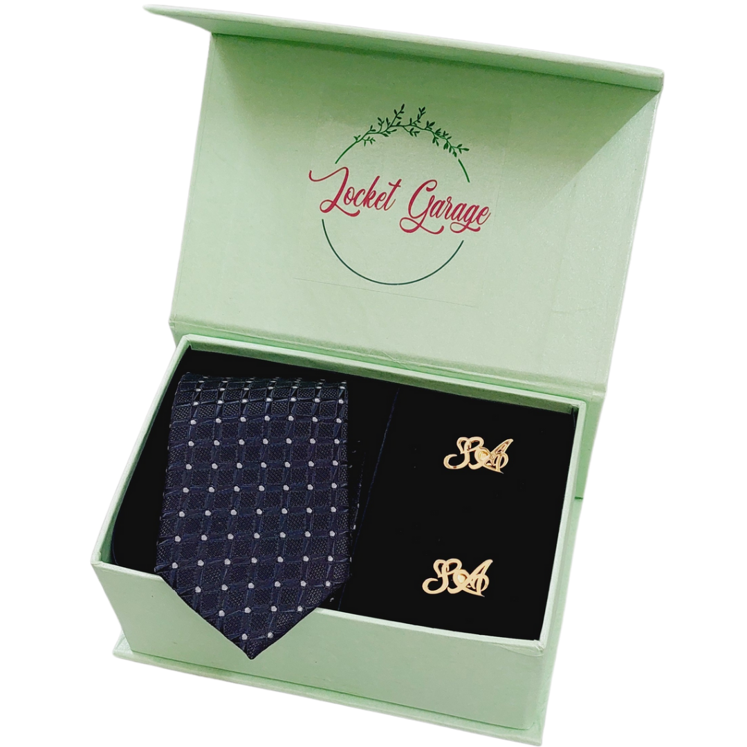 Men Combo Set of Personalised Initials Cufflinks and Navy Blue with White Dotted Tie