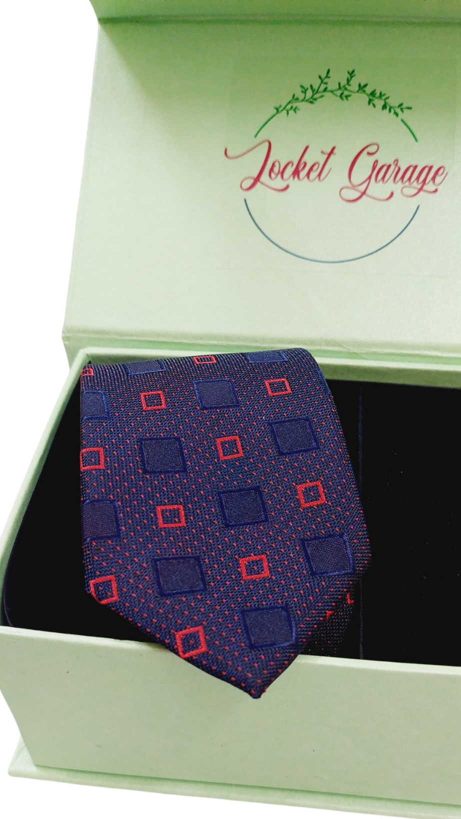 Boxed Combo Personalised Cufflinks & Navy Blue with Red Squared Embace Necktie