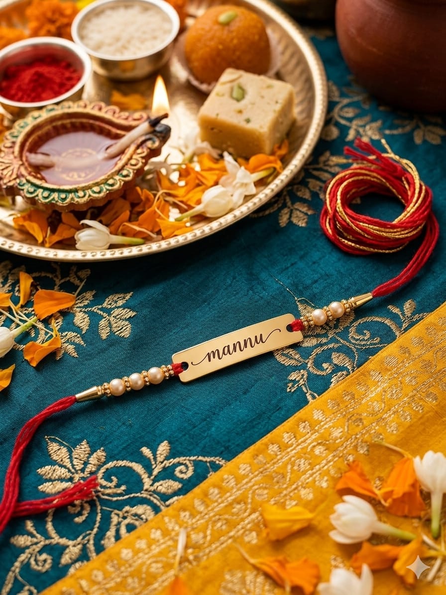 Customized Engraved Name Rakhi with Gold Beads | Personalized Rakhi for Brother