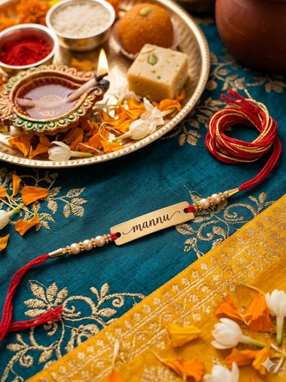 Customized Engraved Name Rakhi with Gold Beads | Personalized Rakhi for Brother