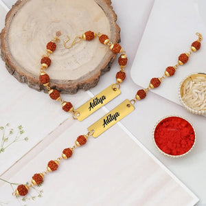 Customized Rudraksha Rakhi with Name Engraving – Personalized Stainless Steel Rakhi for Brother