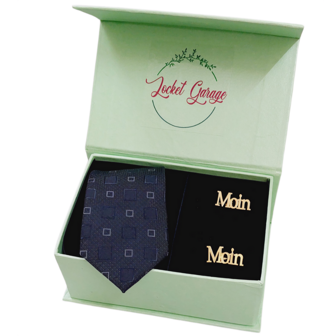 Boxed Combo Printed Drak Grey Tie with Personalised Cufflinks