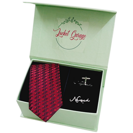 Printed Burgundy Geometric NeckTie with Personalised Cufflinks Gift Set