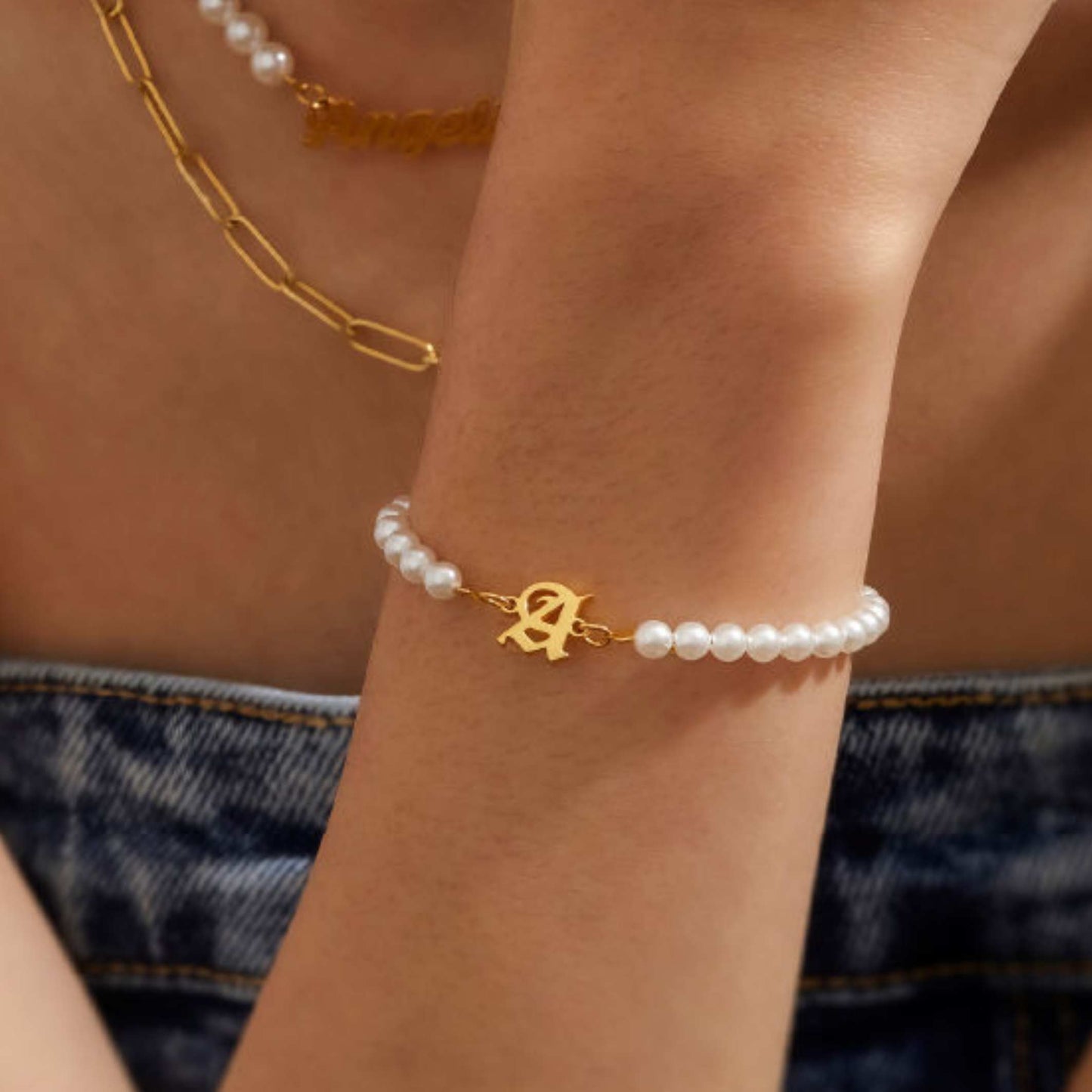 Elegance in a Letter – Customised Single Alphabet Bracelet with Pearls in 22-Carat Gold