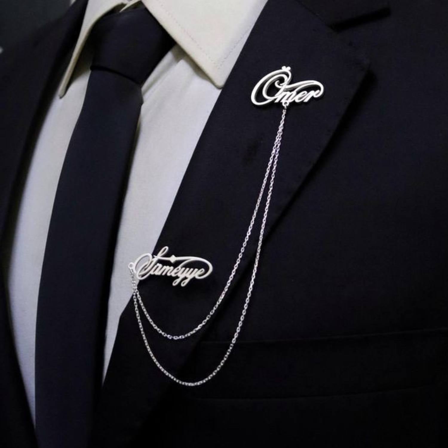 Personalized 22K Anti-Tarnish Gold & 925 Silver Name Chain Brooch for
