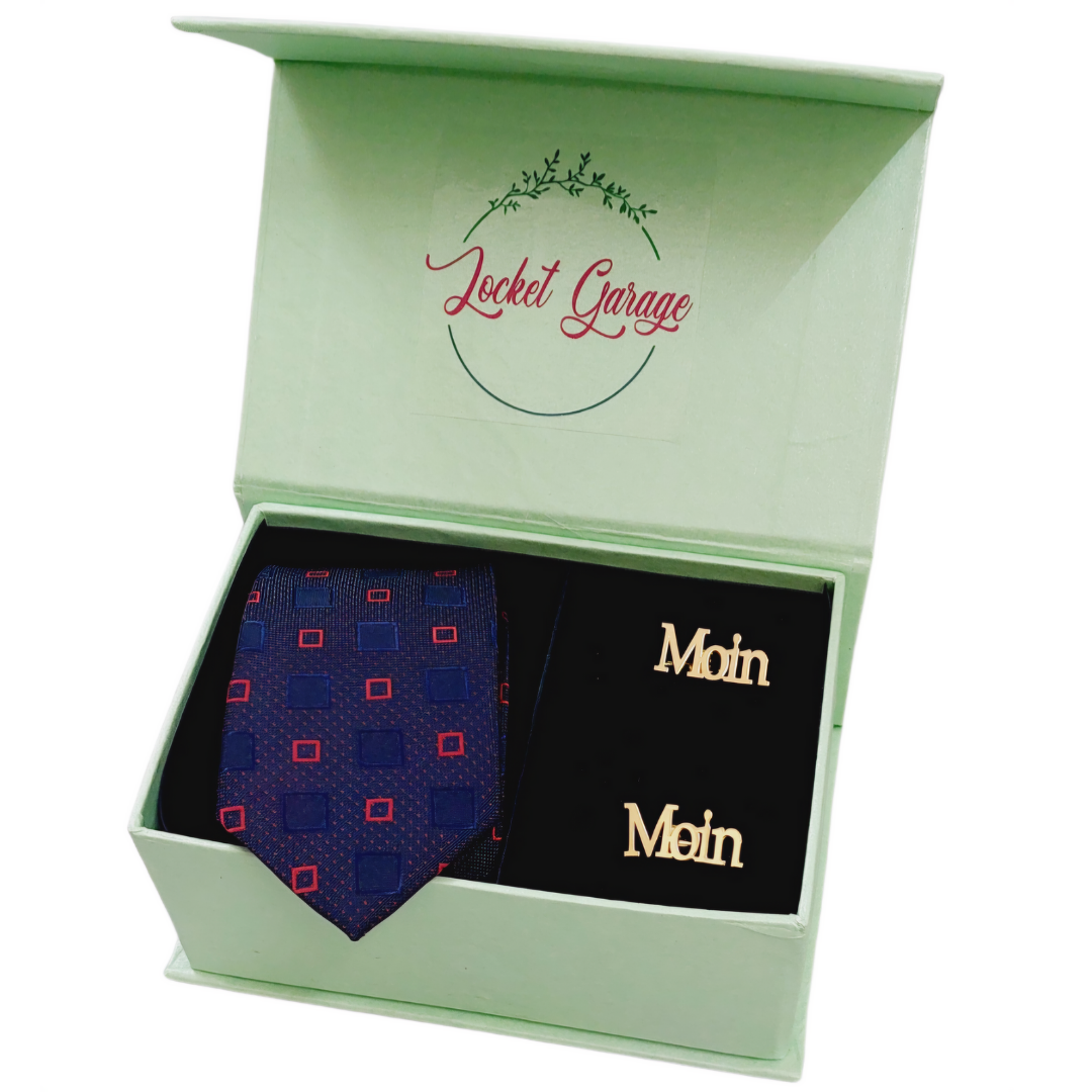 Boxed Combo Personalised Cufflinks & Navy Blue with Red Squared Embace Necktie