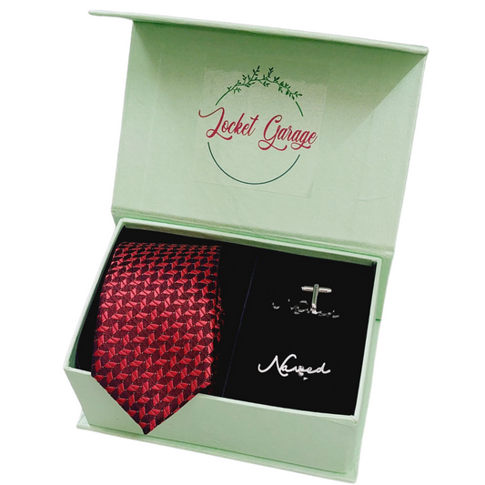 Red & Black Printed Tie with Personalised Cufflinks Gift Set