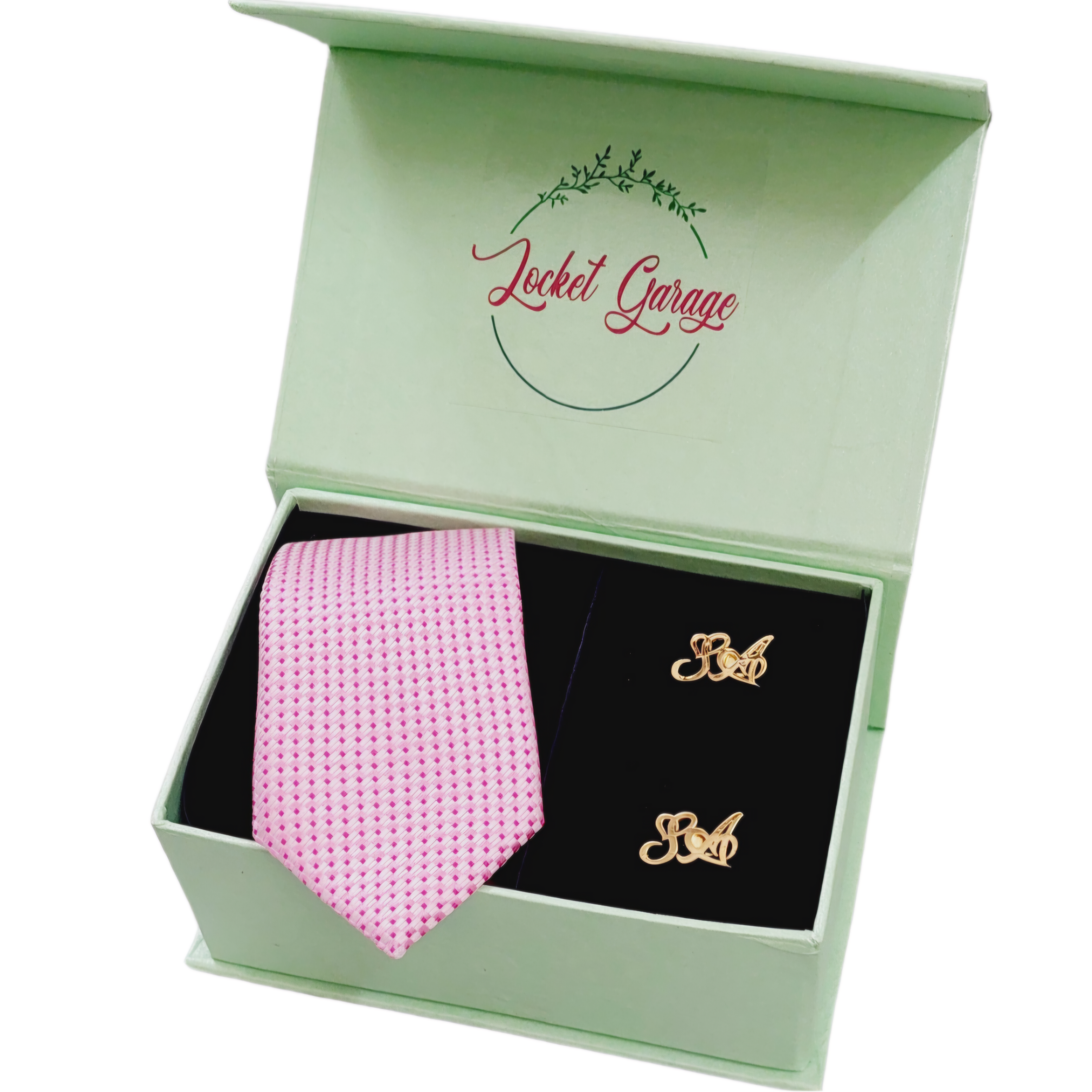 Men Combo Set of Personalised Initials Cufflinks and Bright Pink Checkered Tie